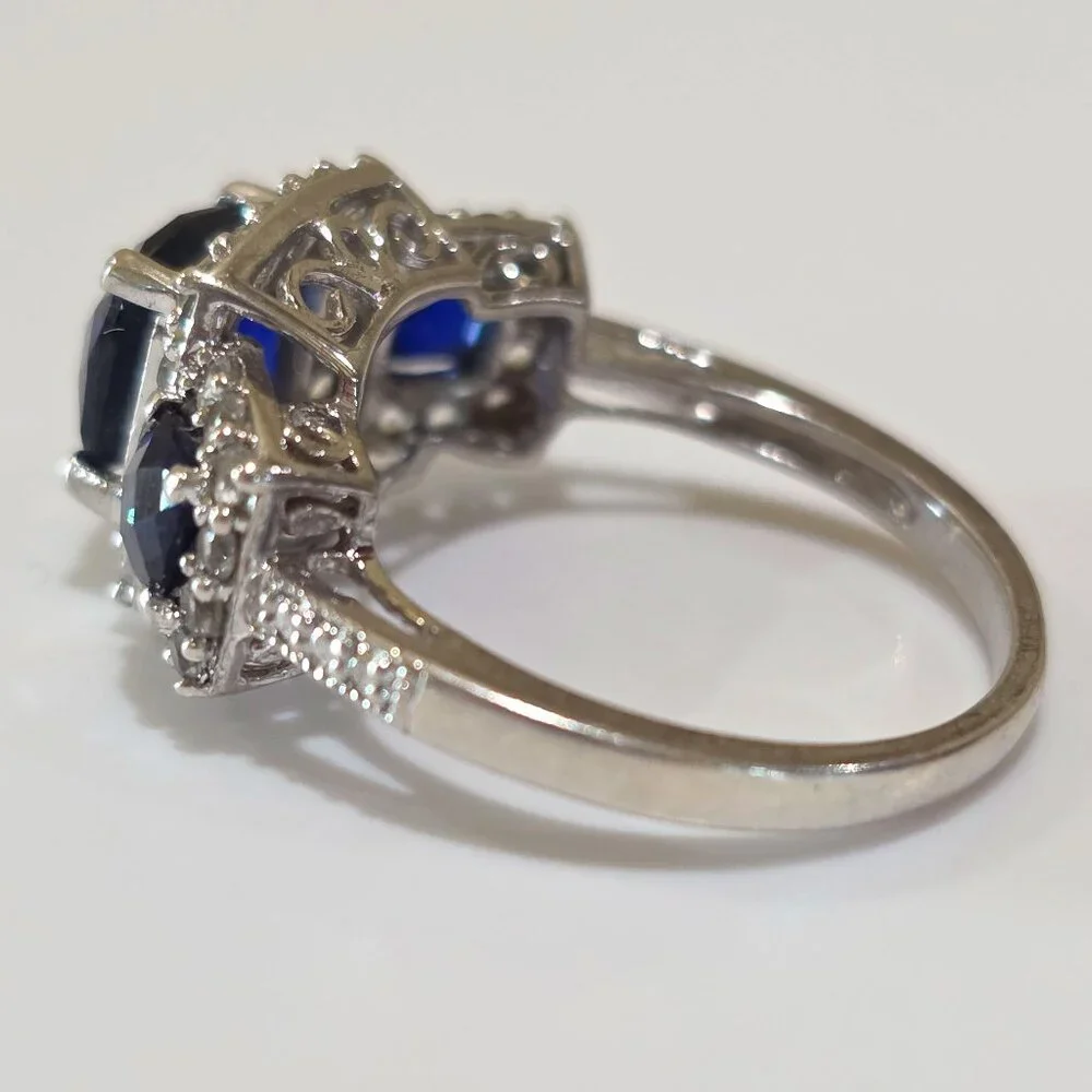 Cushion Cut Blue Three (3) Stone CZ Accent 925 Sterling Silver Ring Size 6.75